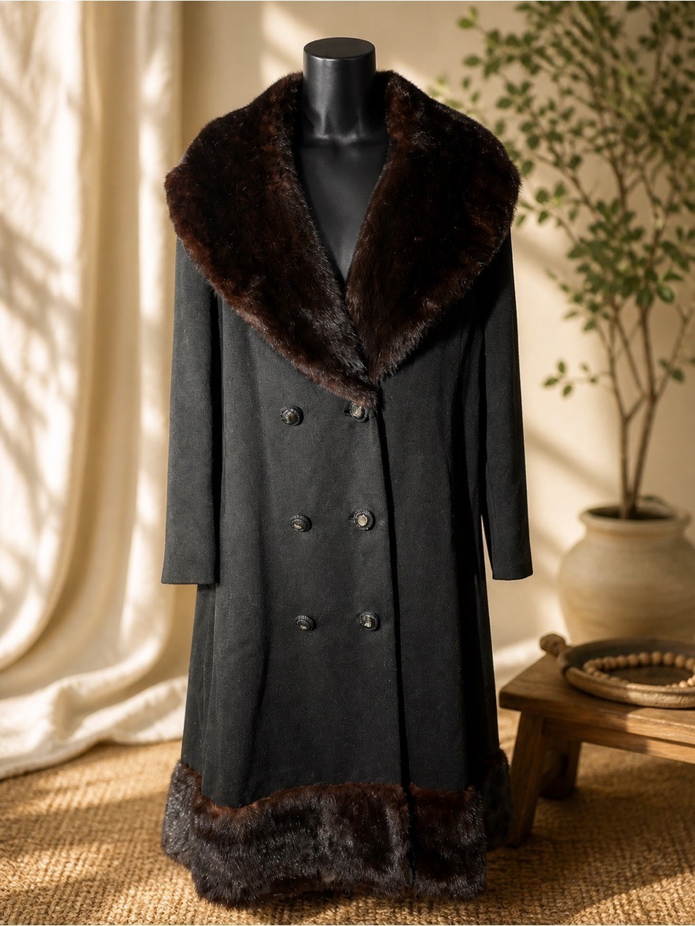 Vintage Tailored Wool Coat w/ Real Fur Shawl Collar & Hem • Heavy Winter Luxury